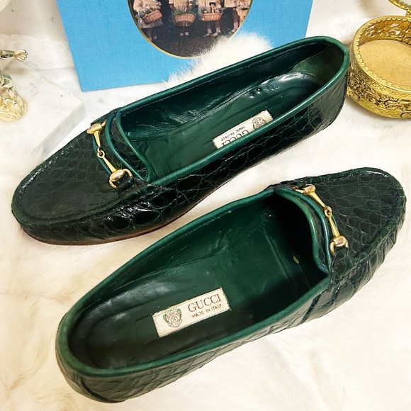 Authentic Gucci RARE 1970’s Vintage Dark Emerald Green Crocodile Leather Loafers - Picture 12 of 13
